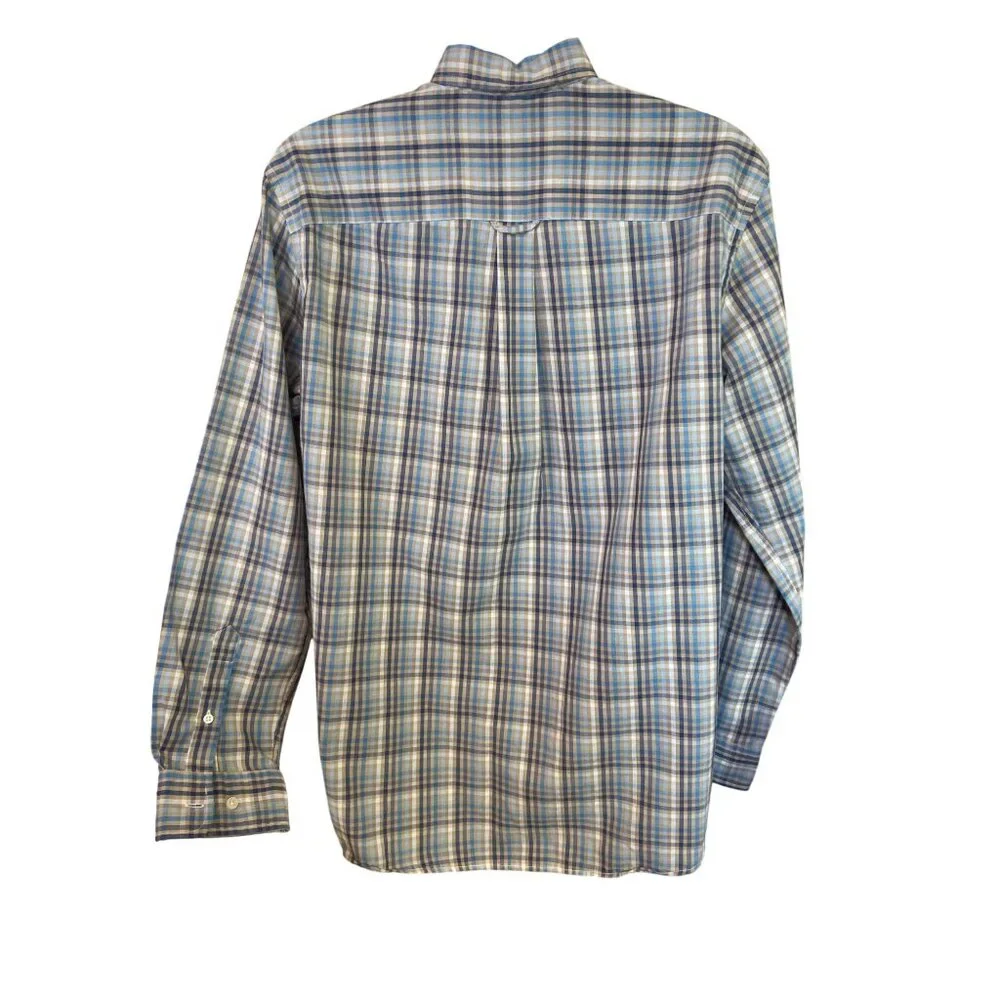 Saddlebred Plaid Button Up Shirt L Blue Tan Classic Y2K Workwear Casual Preppy_2